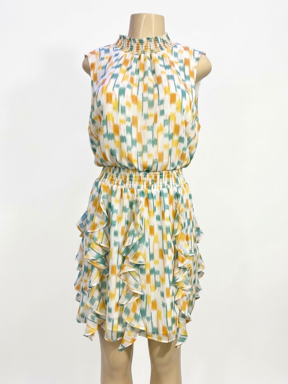 1. State Smocked Neck Ruffle Mini Dress in White, Yellow & Teal